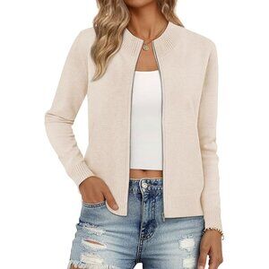 Women's Beige Zip Up Crew Neck  Long Sleeve Trendy Winter Jackets Sweaters